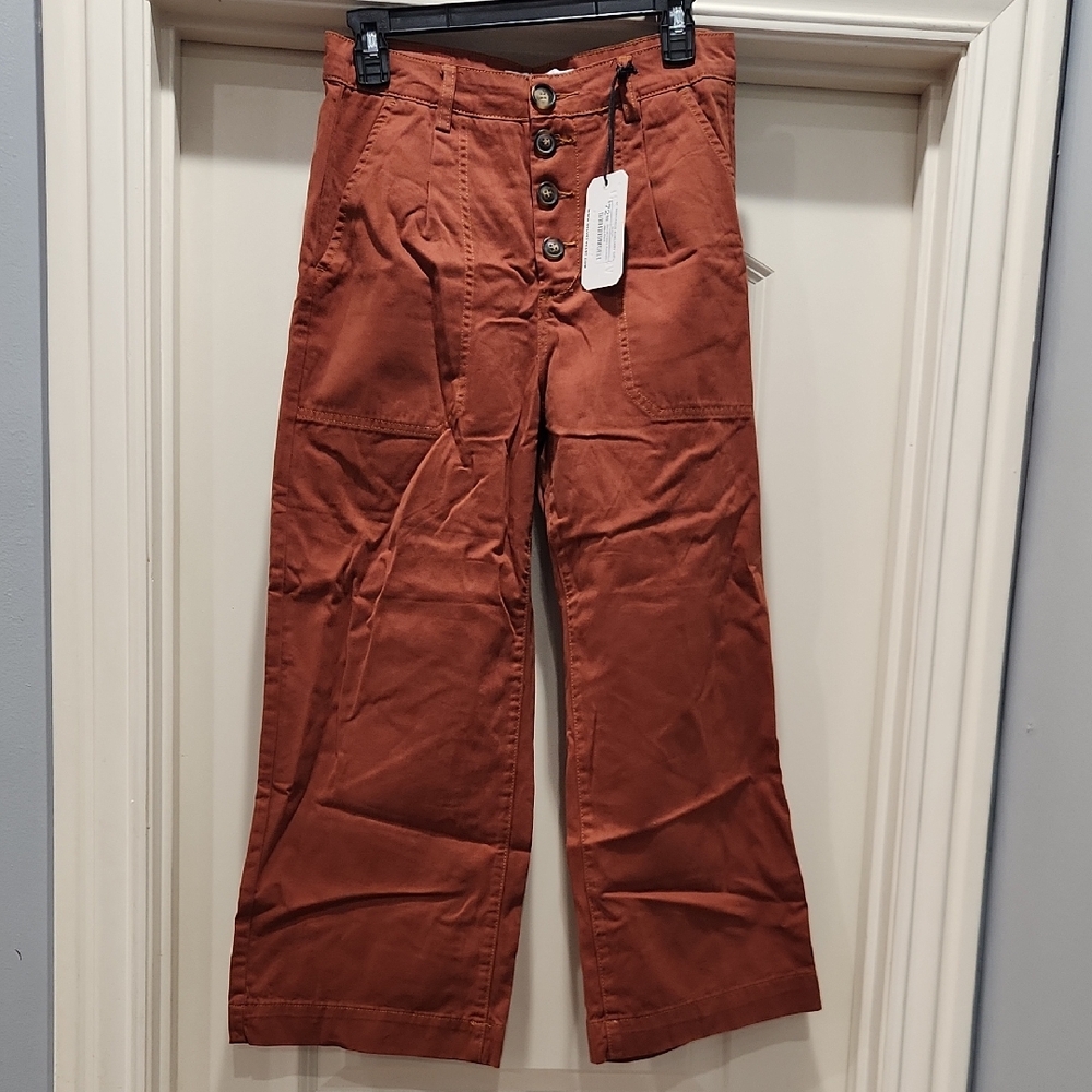Rust Wide-Leg Button-Fly Crop Pants